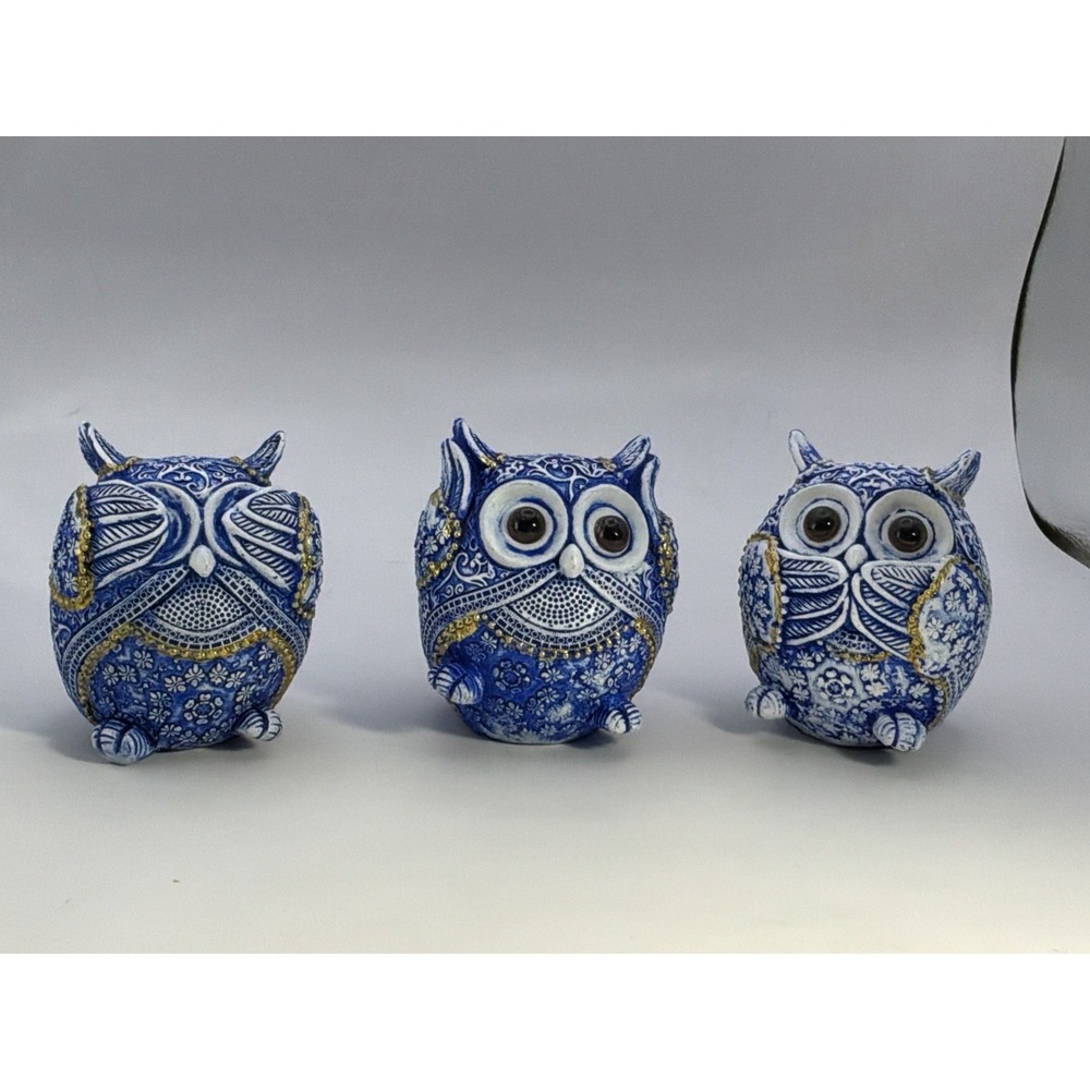 See No Evil Hear No Evil Speak No Evil Blue/white Resin Owls Gold Accents